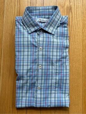 Peter Millar Crown Comfort Mens Long Sleeve Performance Shirt Medium Blue Plaid